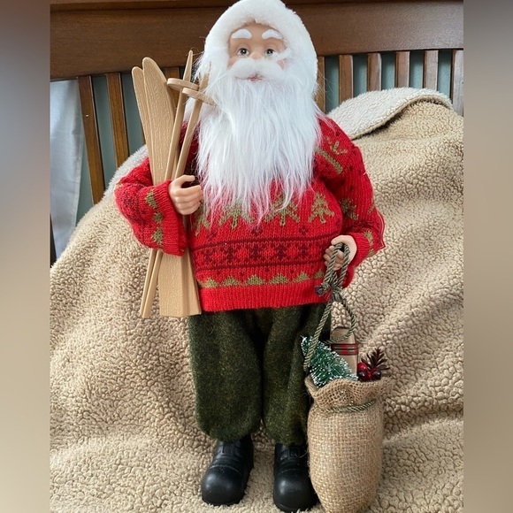 NWT Santa in Red Sweater with Lantern, Skis and Burlap Sack, 18” - Picture 2 of 6